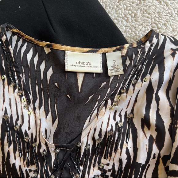 Chico’s 30 year beaded animal print silky poly tunic top 2 12 14 B: 46” lovely! - Picture 4 of 11